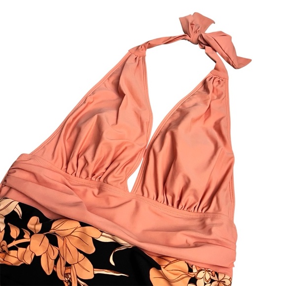 Cupshe M Coral Retro Boho Floral Halter Neck Tummy Control One-Piece Swimsuit - Picture 4 of 10